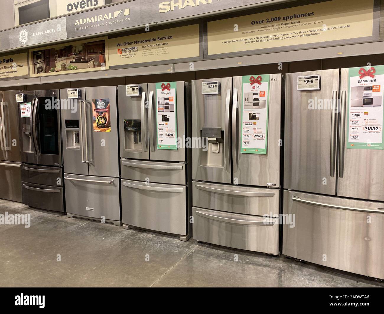 Orlando,FL/USA-11/11/19: A row of stainless steel french door refrigerators on sale at a Home Depot Store. Stock Photo