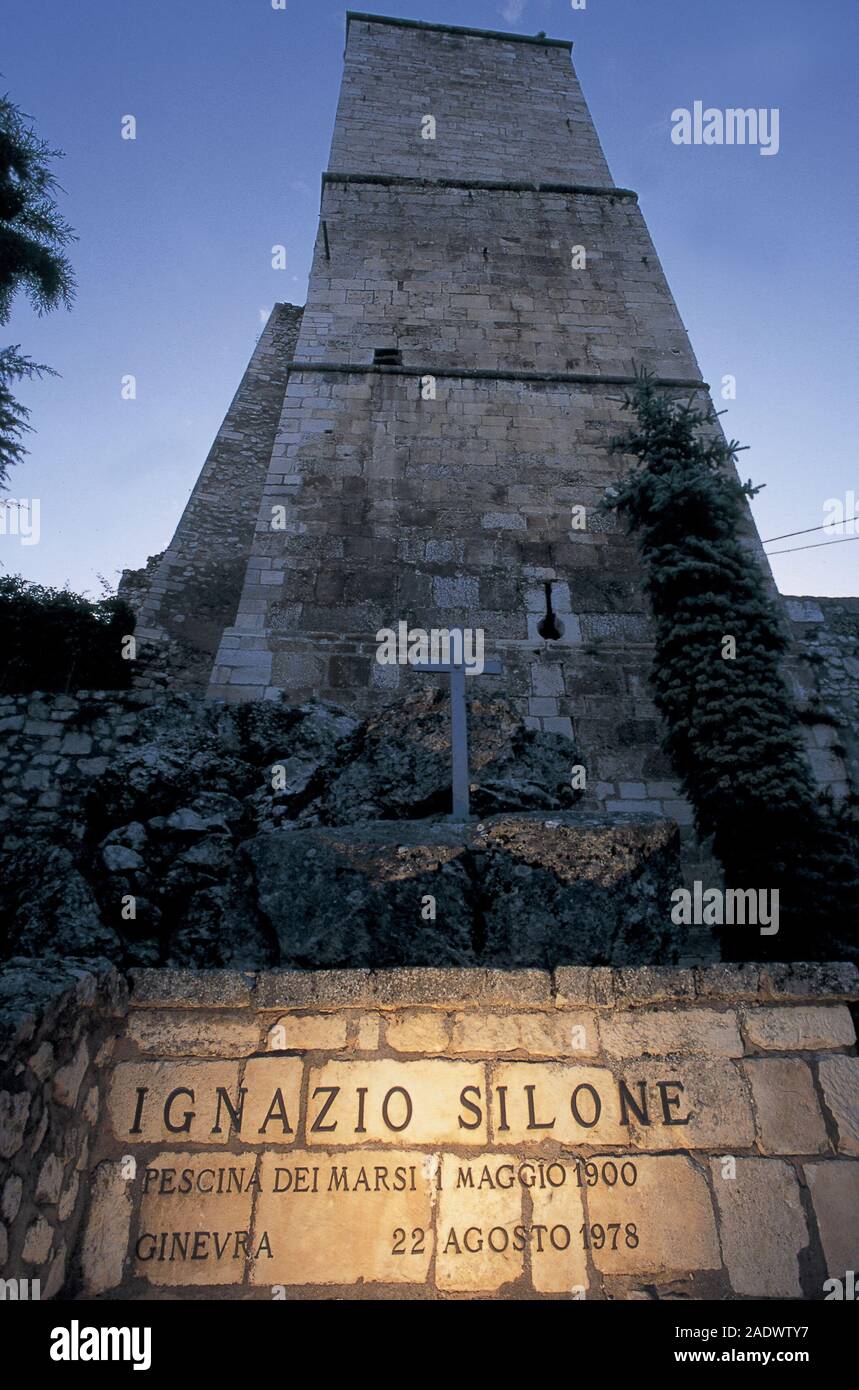 italy, abruzzo, pescina, view of st berardo church and ignazio silone's tomb Stock Photo