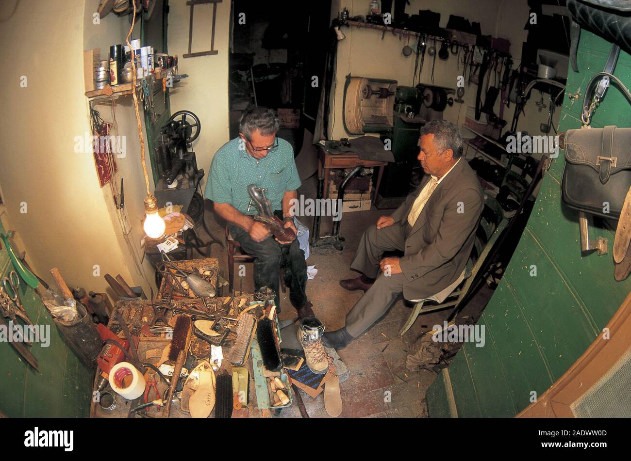 italia, abruzzo, pescina, indoor of a shoemaker's shop Stock Photo