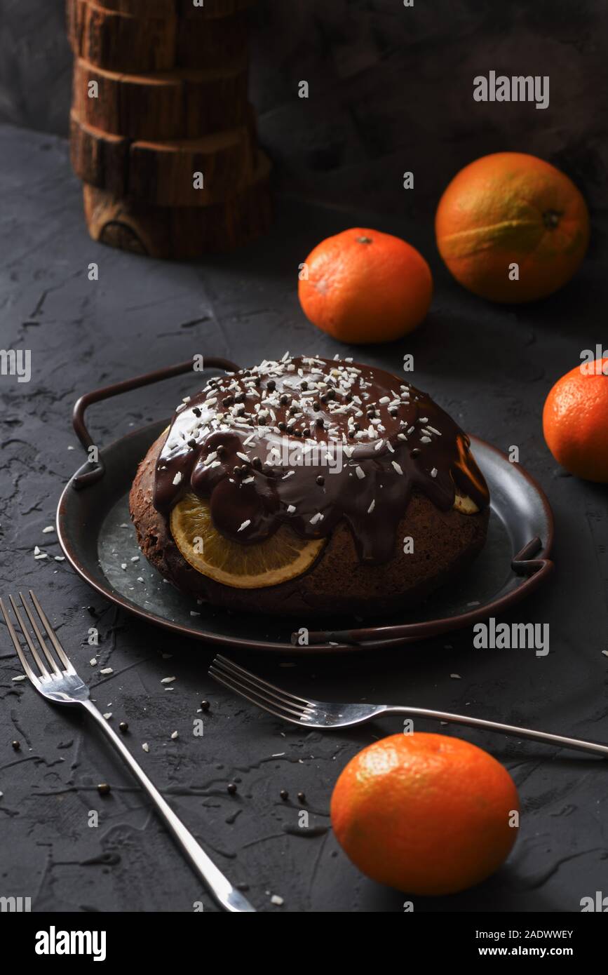 Old fashion British dessert. Homemade steam chocolate pudding with