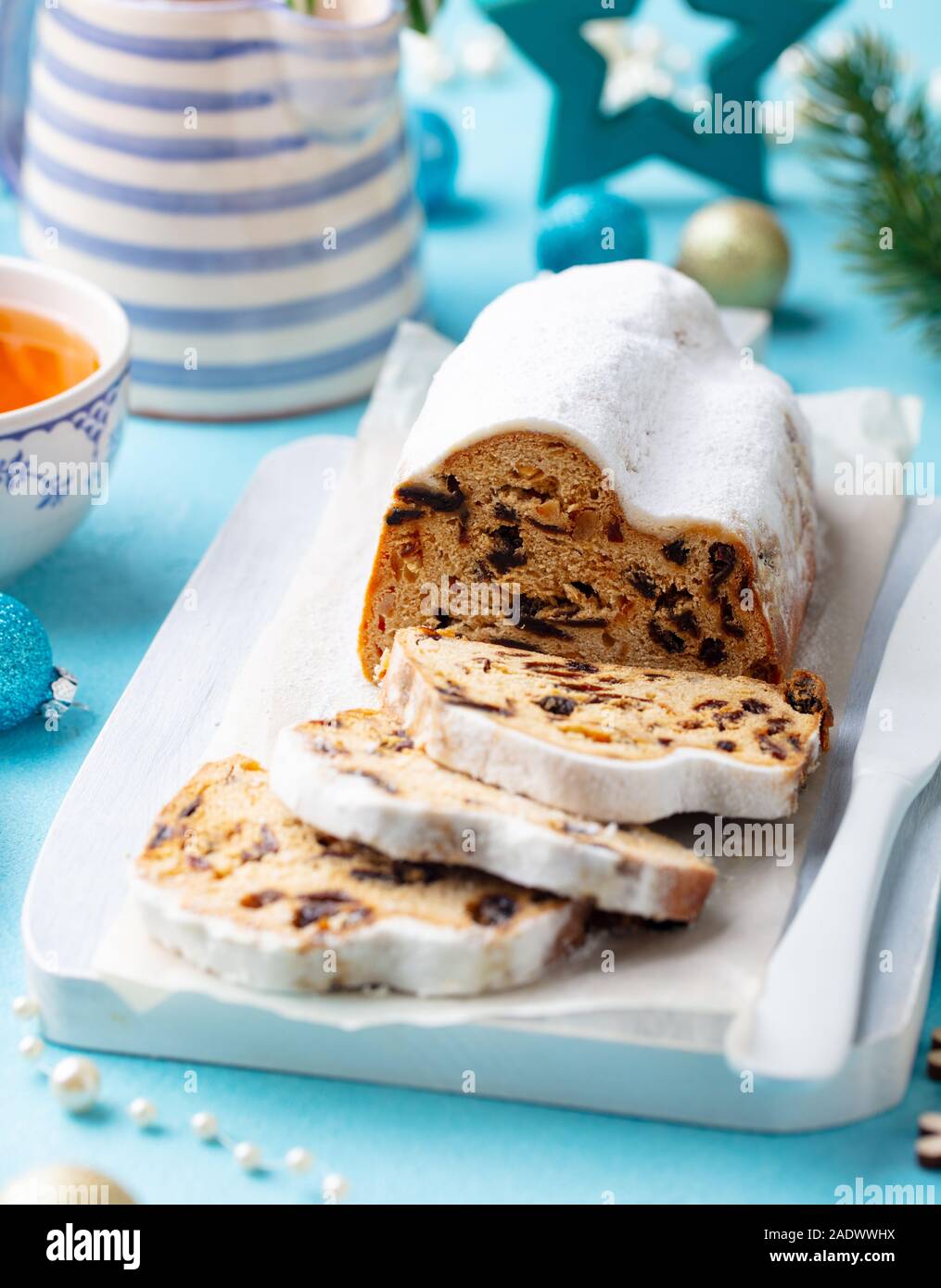 Christmas stollen cake with icing sugar, marzipan and raisins. Traditional Dresdner christ pastry Stock Photo