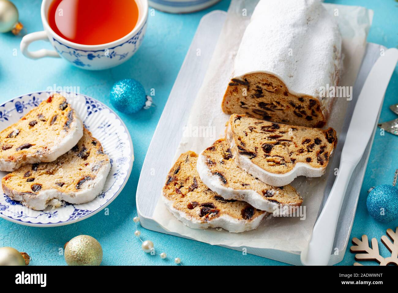 Christmas stollen cake with icing sugar, marzipan and raisins. Traditional Dresdner christ pastry Stock Photo
