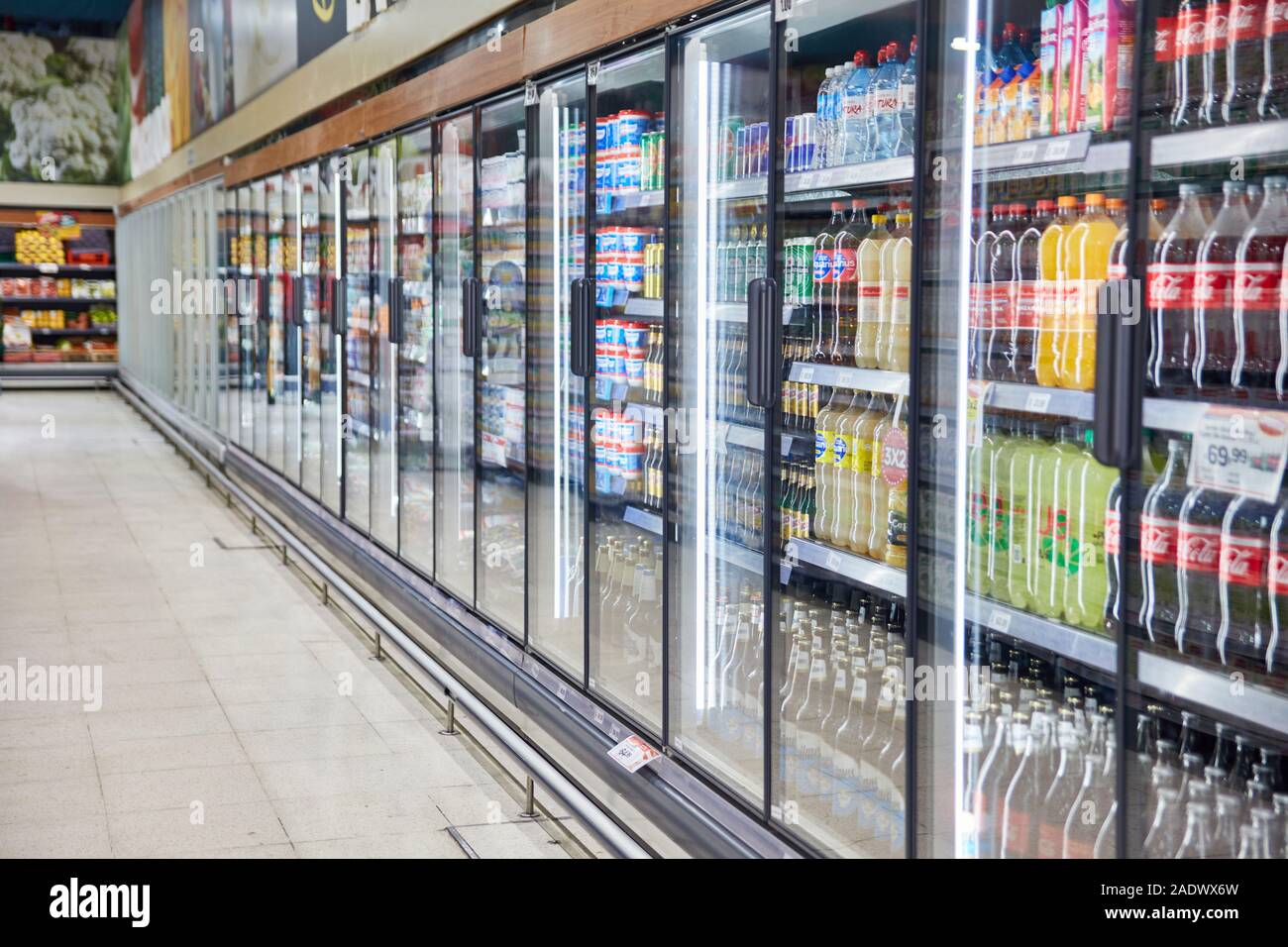 BUENOS AIRES / ARGENTINA JULY 2019 Full cold shelves with drinks and