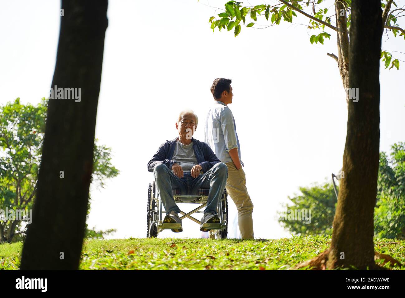 young asian adult son spending time with wheelchair bound father outdoor Stock Photo