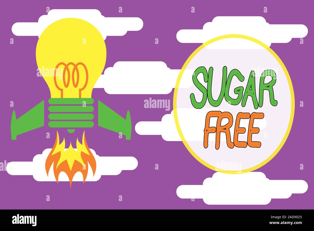 Conceptual hand writing showing Sugar Free. Concept meaning containing an artificial sweetening substance instead of sugar Top view launching bulb roc Stock Photo
