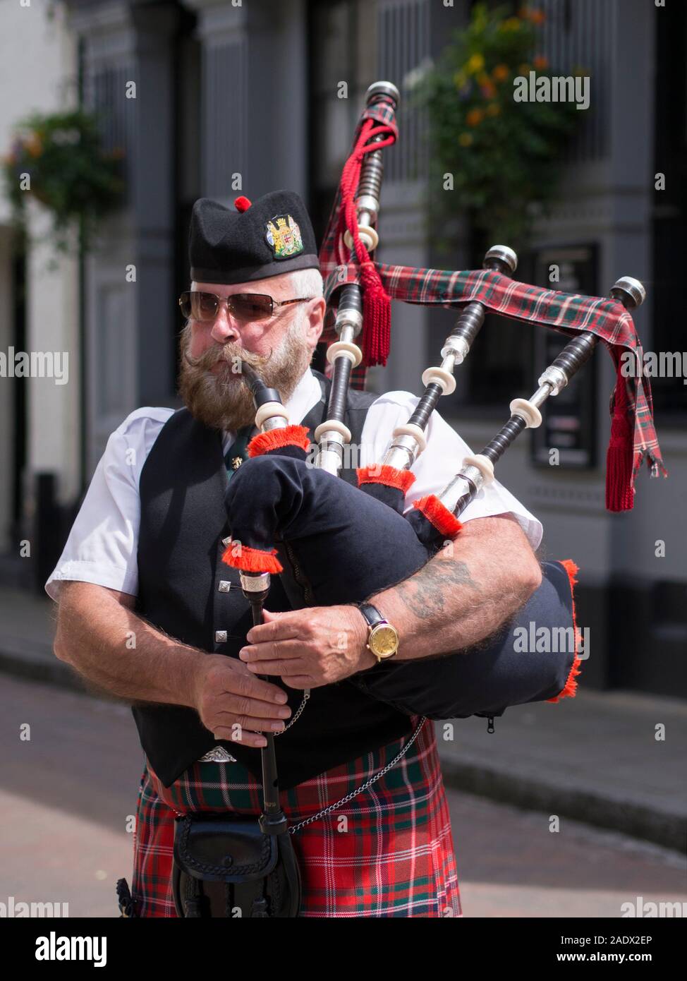 A bagpipe player at the Summer Rochester Dickens Festival 2019. Stock Photo