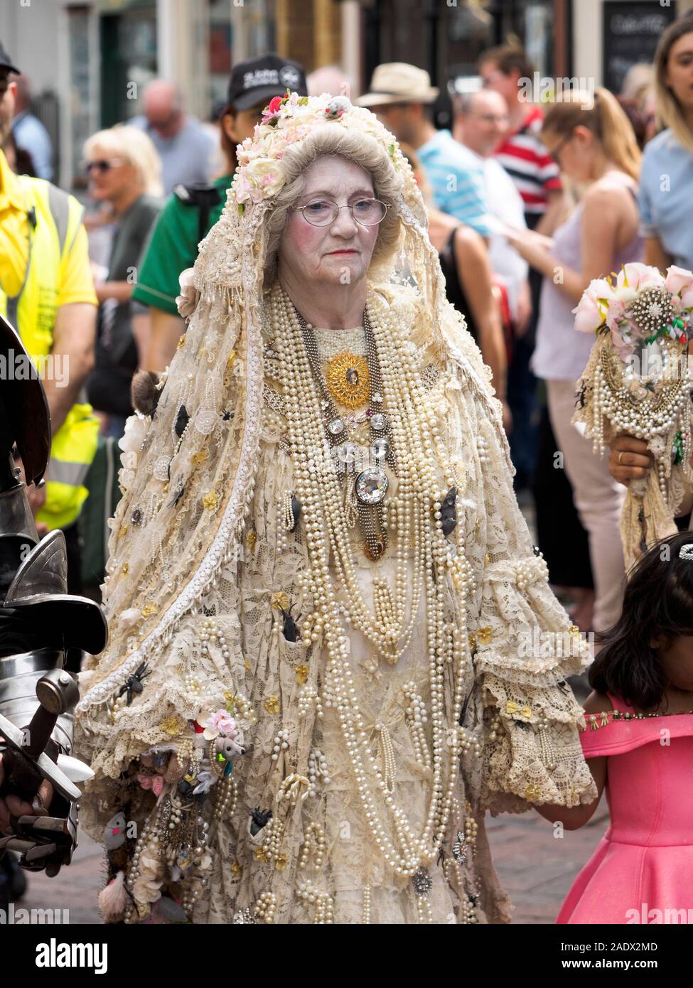 A woman plays the parts of Miss Havisham in the Summer Rochester Dickens Festival 2019. Stock Photo