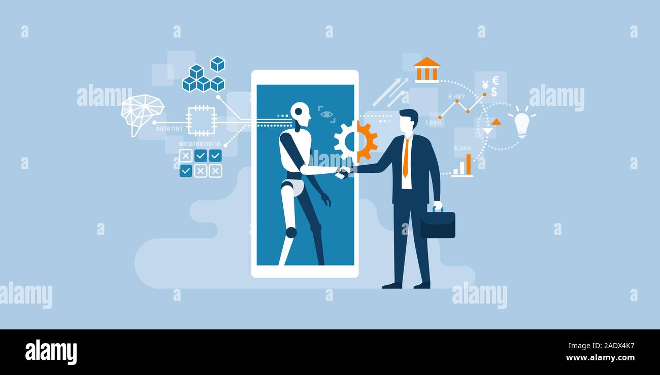 Businessman and AI robot shaking hands and cooperating together for a common goal Stock Vector