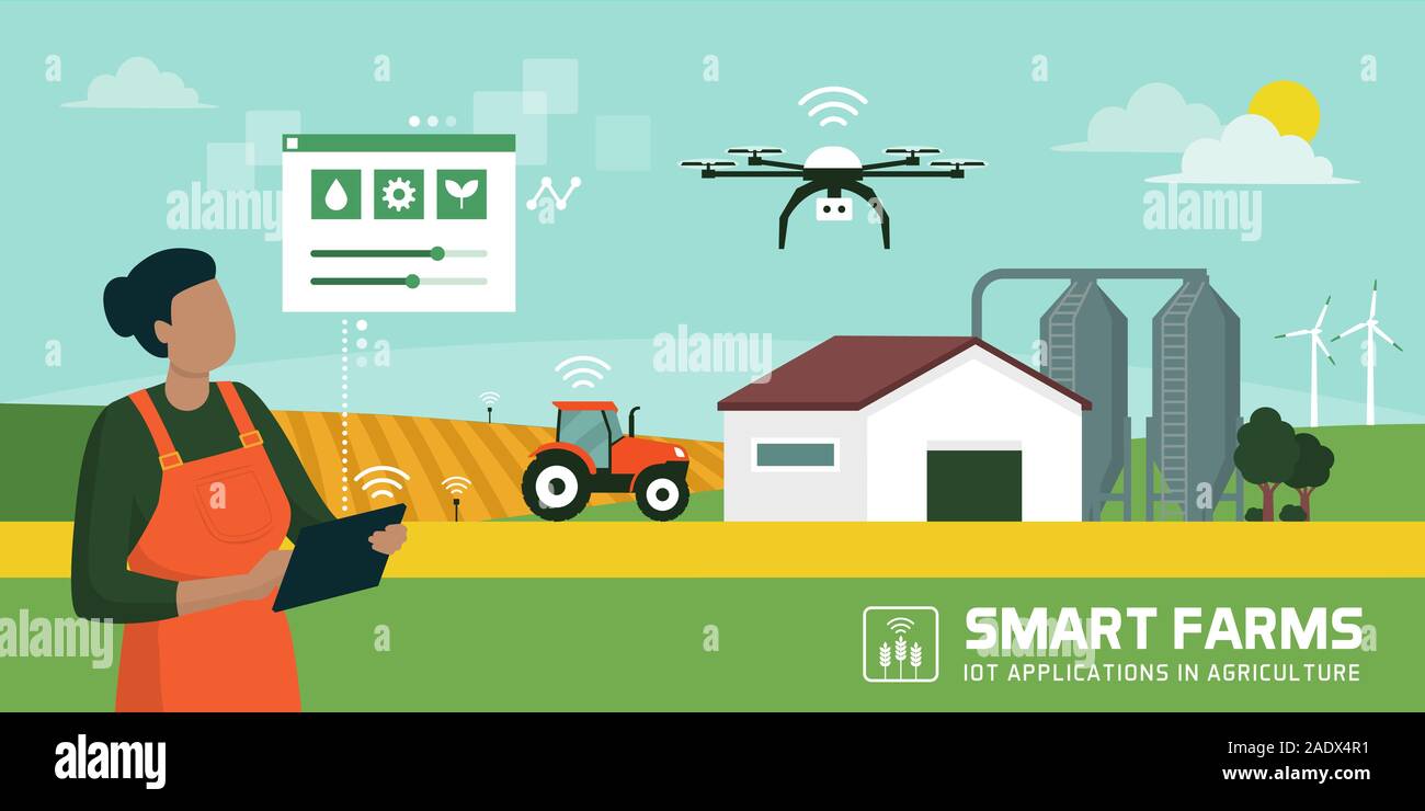 Female farmer managing her industrial farm with a mobile app on her ...