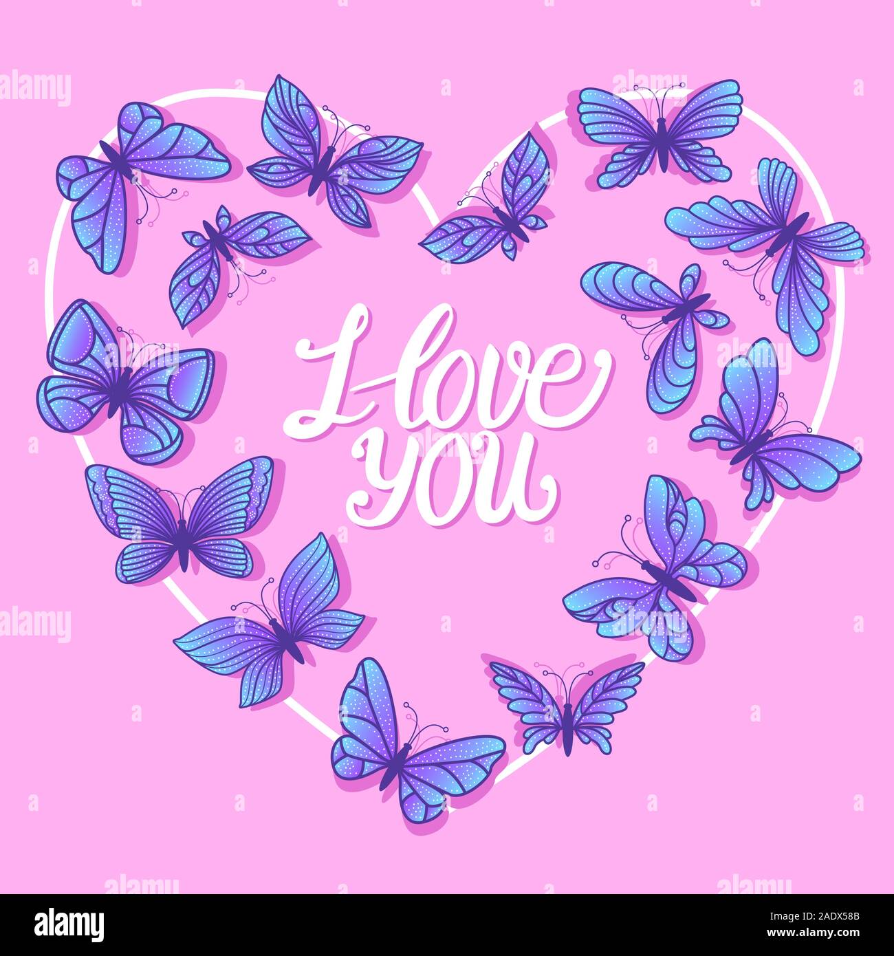 Heart frame with hand drawn butterflies. I love you lettering ...