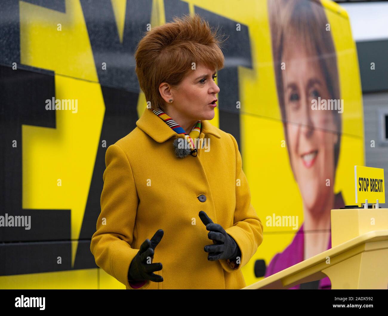 South Queensferry, Scotland, UK. 5th Dec, 2019. SNP leader Nicola Sturgeon marked the final week of the SNP's election campaign by kicking off a tour of Scotland on the SNP campaign bus. The First Minister warned that there are just seven days left to stop Brexit, and to put Scotland's future in Scotland's hands - not Boris Johnson's. Credit: Iain Masterton/Alamy Live News Stock Photo