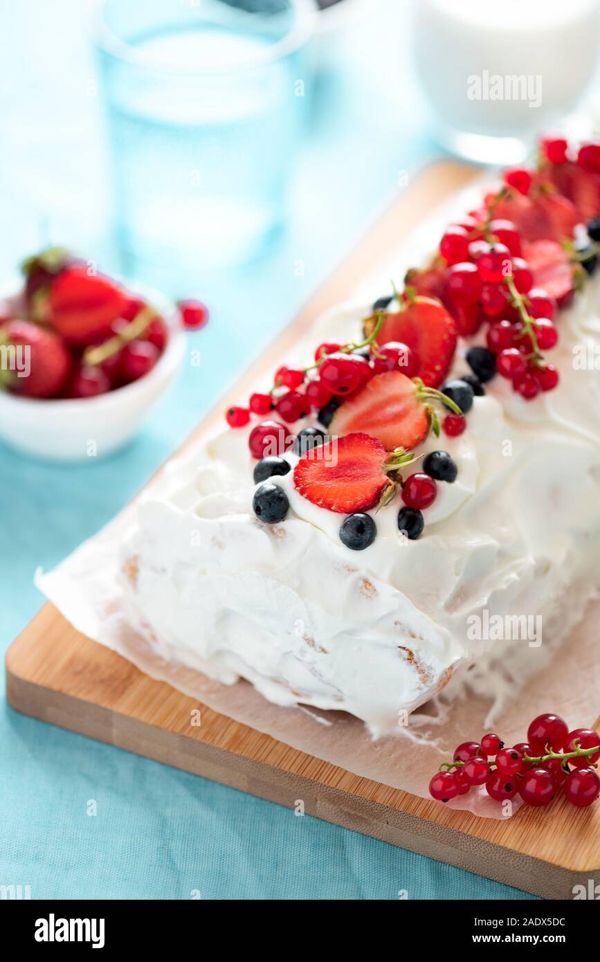 Sponge Biscuit Cake Roll Filling Whipped Cream And Berries