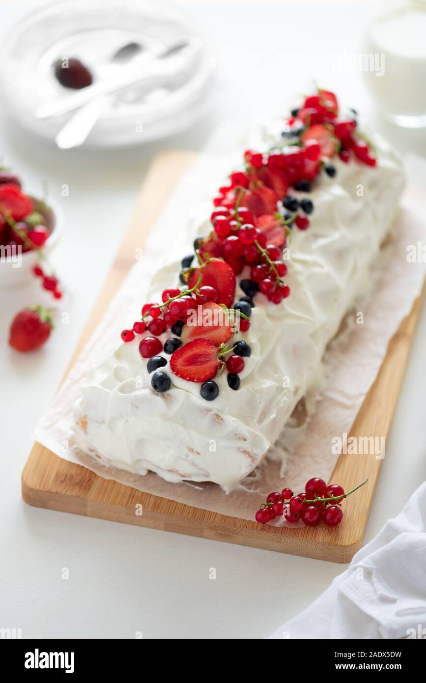 Sponge Biscuit Cake Roll Filling Whipped Cream And Berries