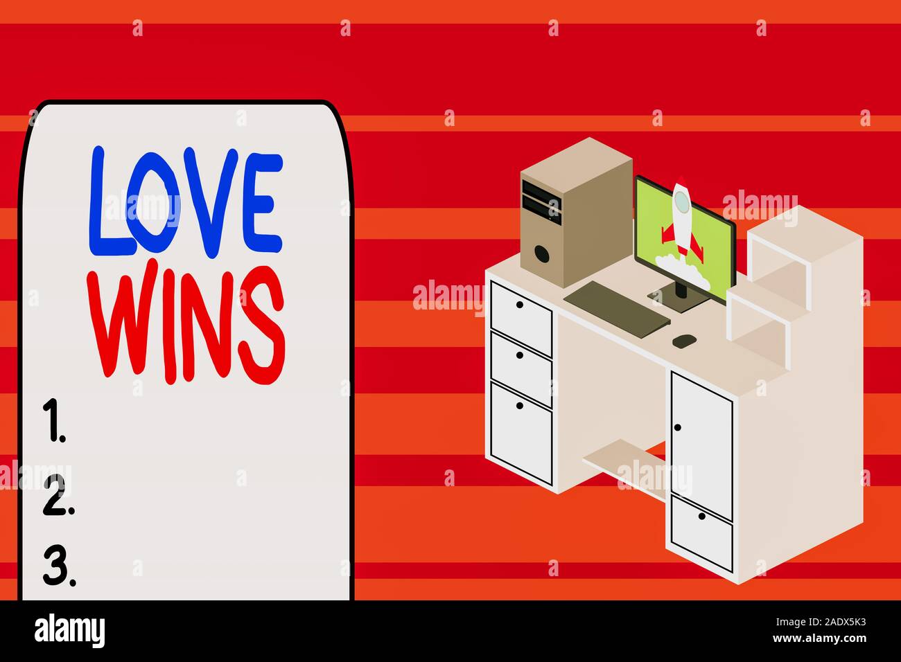 Text sign showing Love Wins. Business photo text used to celebrate or commemorate the victory of marriage equality Working desktop station drawers per Stock Photo