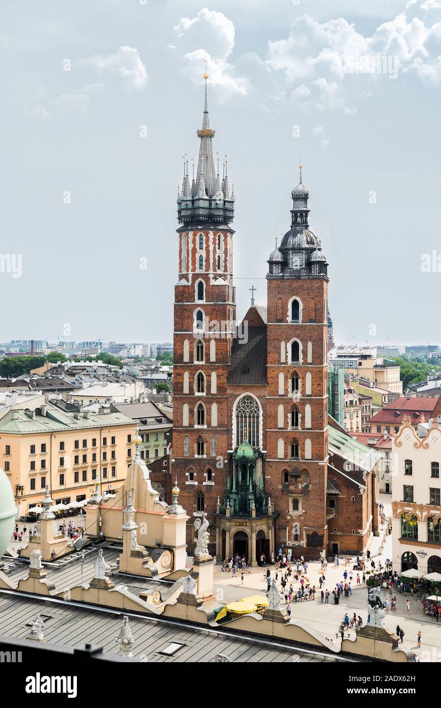 Gothic St. Mary's Basilica and cityscape in Krakow, Poland from Town Hall Tower Stock Photo