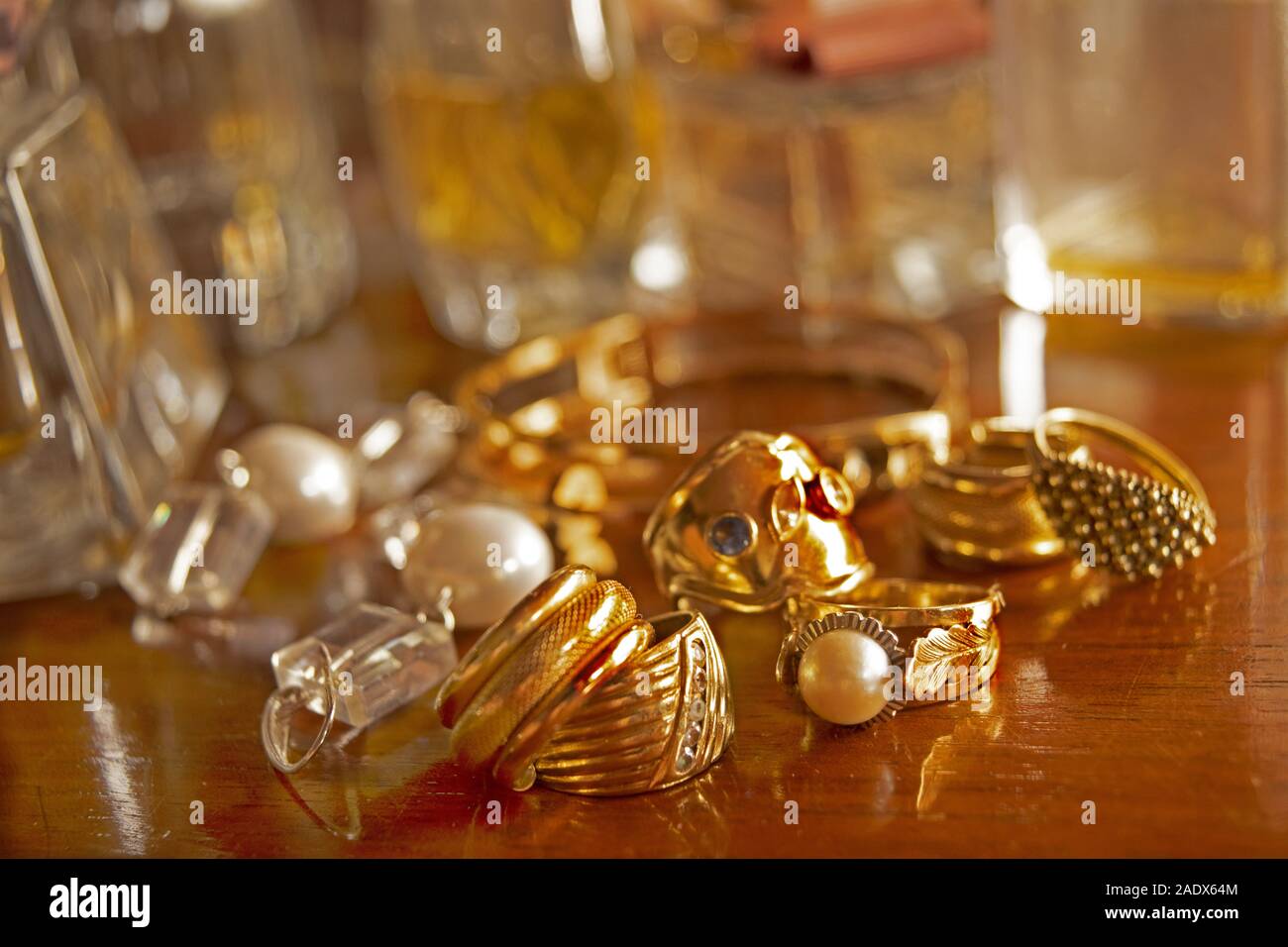 variety og family jewels on a wooden sideboard Stock Photo