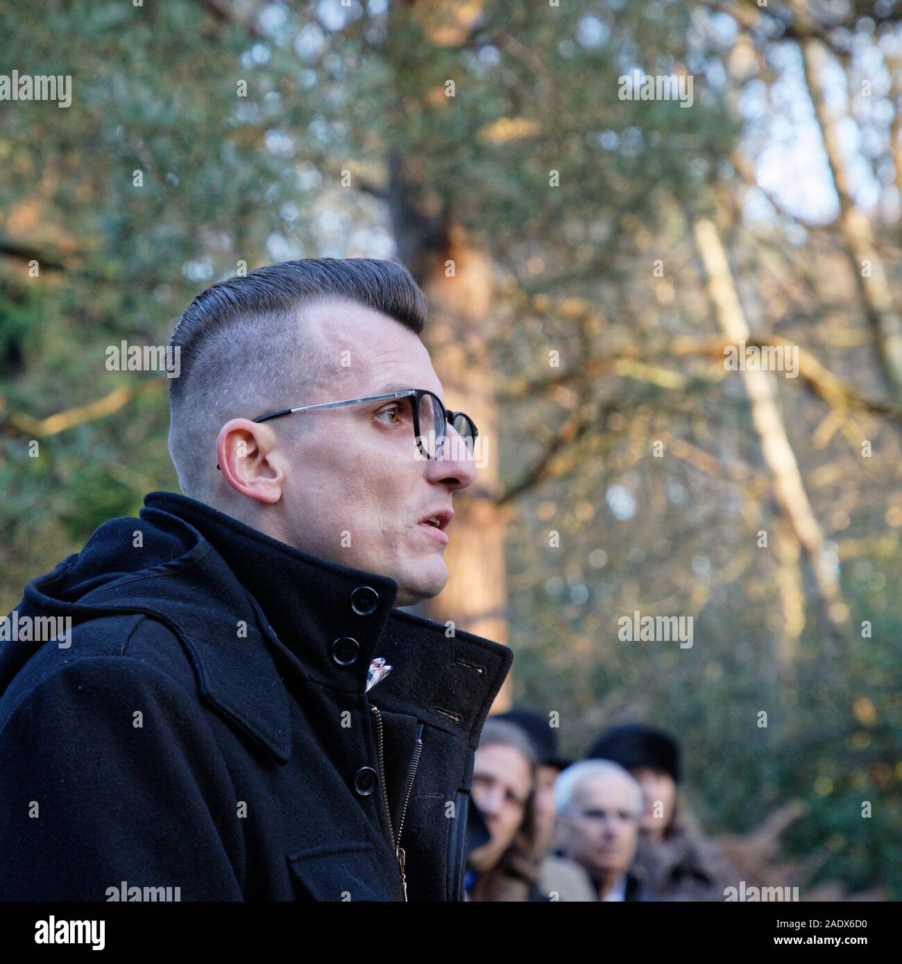 The planting of the 13th International Tree of Peace in the UK - a project begun in Slovakia & led by Marek SobolaWed 4th Dec 2019, Brookwood Civilian Cemetery, Surrey, UK. Marek Sobola addresses the gathering before the ceremonial tree planting. Stock Photo