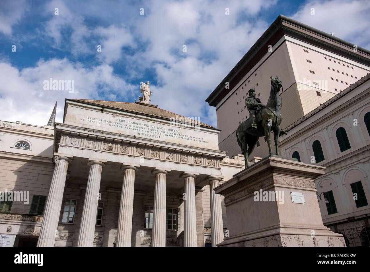 Giuseppe Garibladi horseback statue in front of the Teatro Carlo Felice opera house in Genoa, Italy, Europe Stock Photo