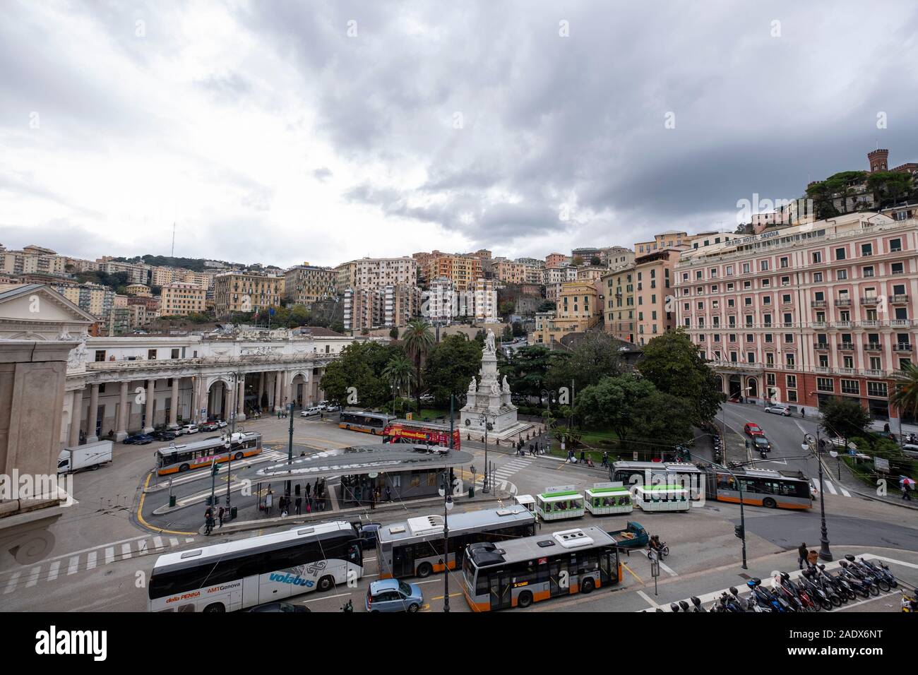 Aerial view of the Genova Piazza Principe train station and the Cristopher Columbus monument at the Piazza Acquaverde in Genoa, Italy, Europe Stock Photo