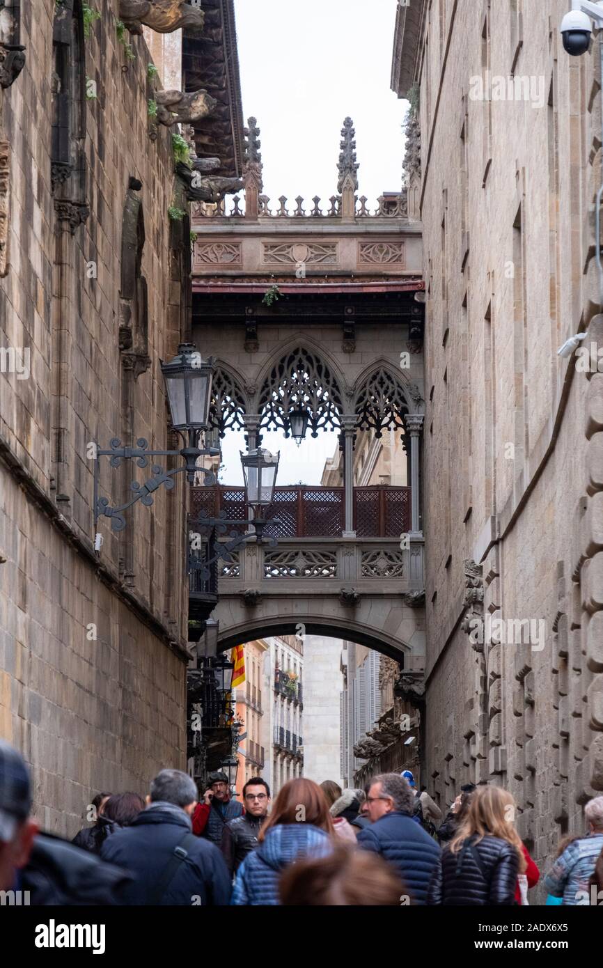 Old stone archway over a street in the Gothic Quarter of Barcelona, Spain, Europe Stock Photo