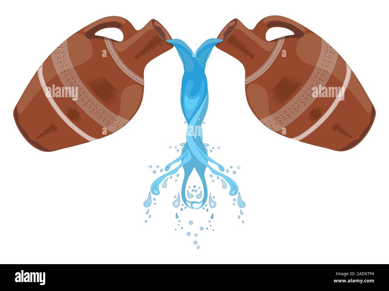 Ceramic, glossy pitcher. Clay jug of water, water is pouring. Dishes