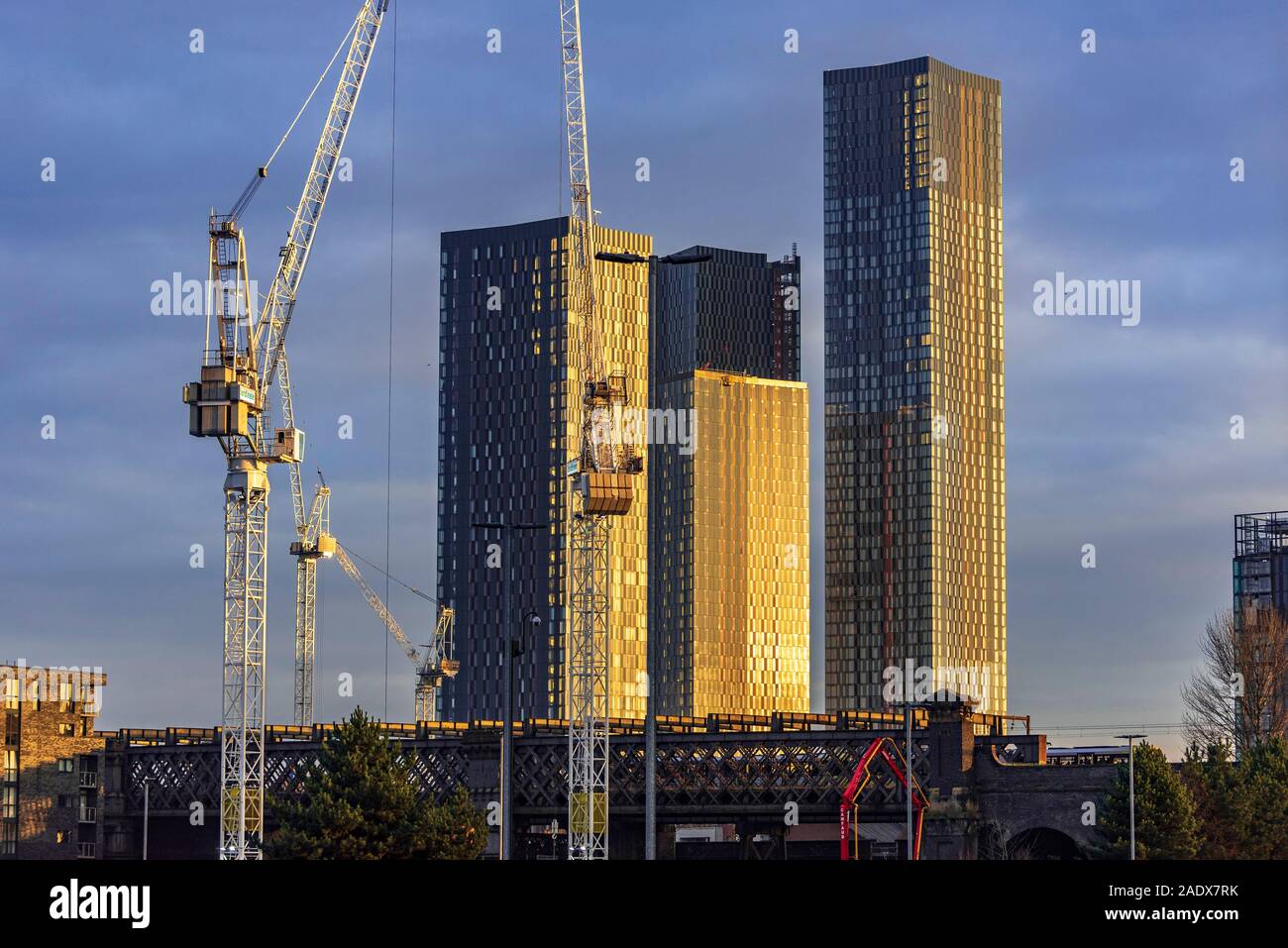Sunset on the new Deansgate towerblocks in Manchester. Stock Photo