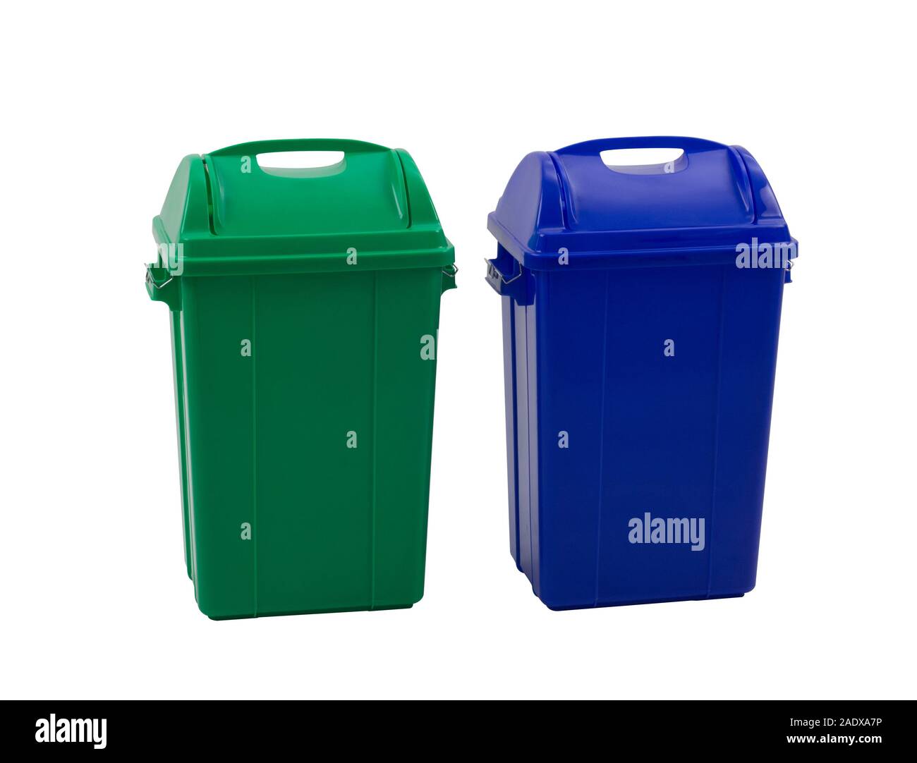 Different colored trash bins for collecting various type of garbage isolated on white background Stock Photo