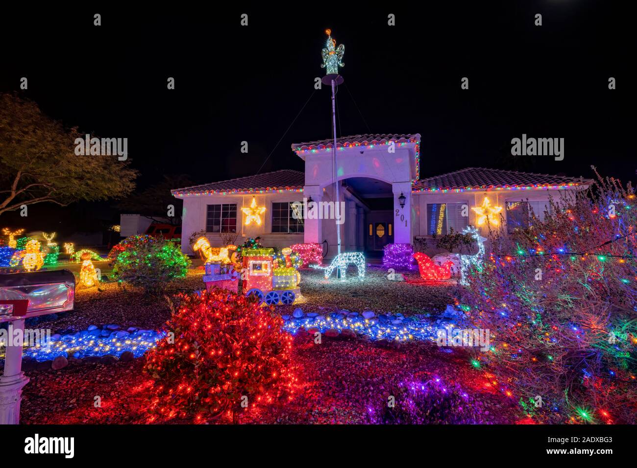 Las Vegas, DEC 2: Christmas lights, decoration of a house on DEC 2, 2019 at Las Vegas, Henderson Stock Photo