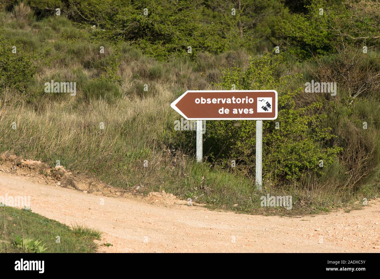 Sign directing to Bird observation hide. In spanish, Spain, Stock Photo