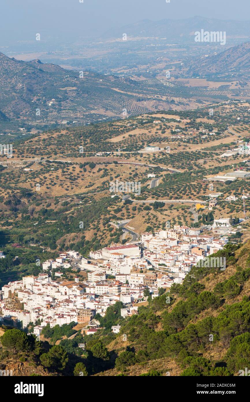 View of the white washed village of Tolox in Sierra de las nieves, Southern Spain, Andalusia. Stock Photo