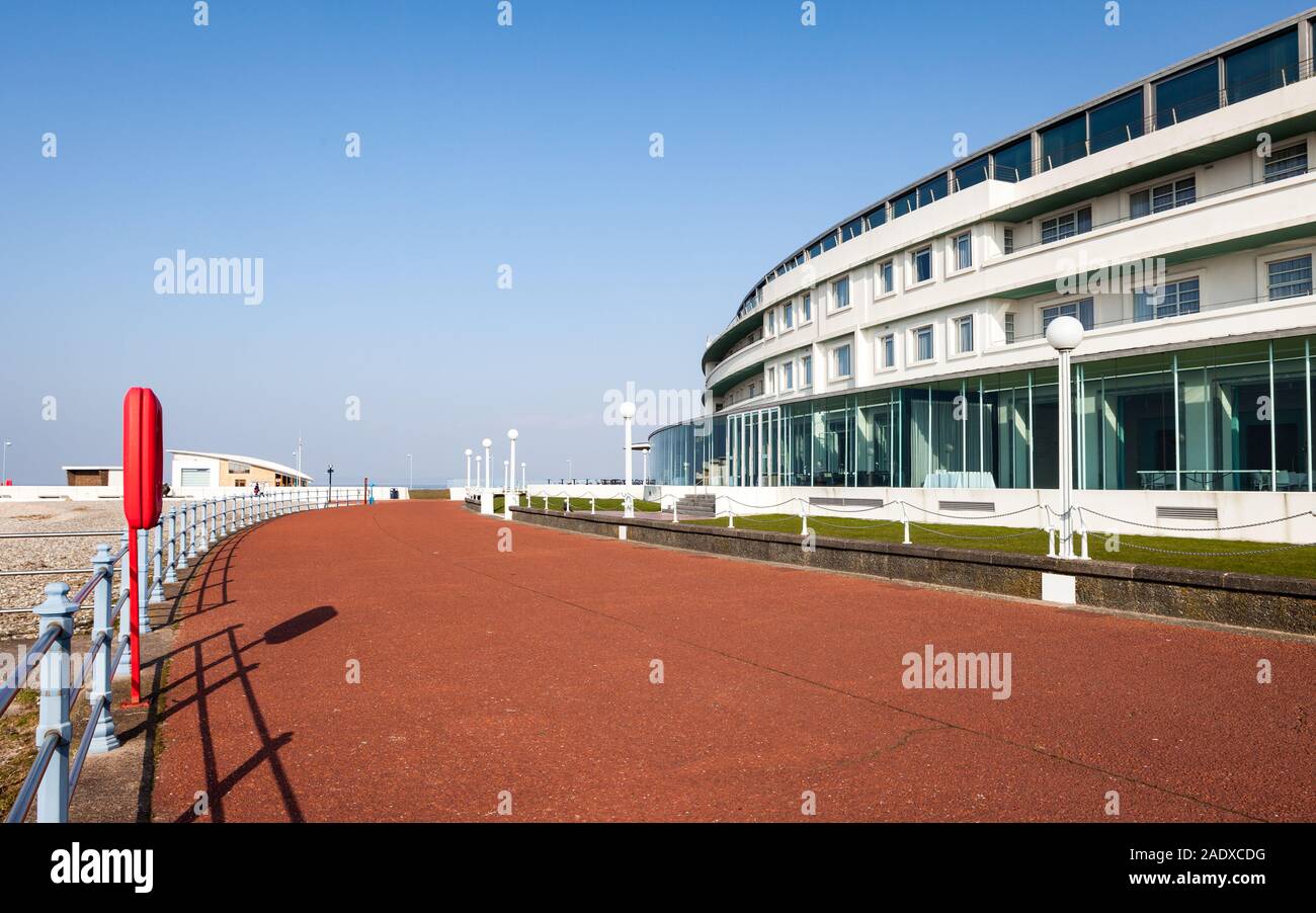 The Midland Hotel, Morecambe, Lancashire. Facing the promenade and seafront, the Art Deco building is a key landmark in the seaside town. Stock Photo