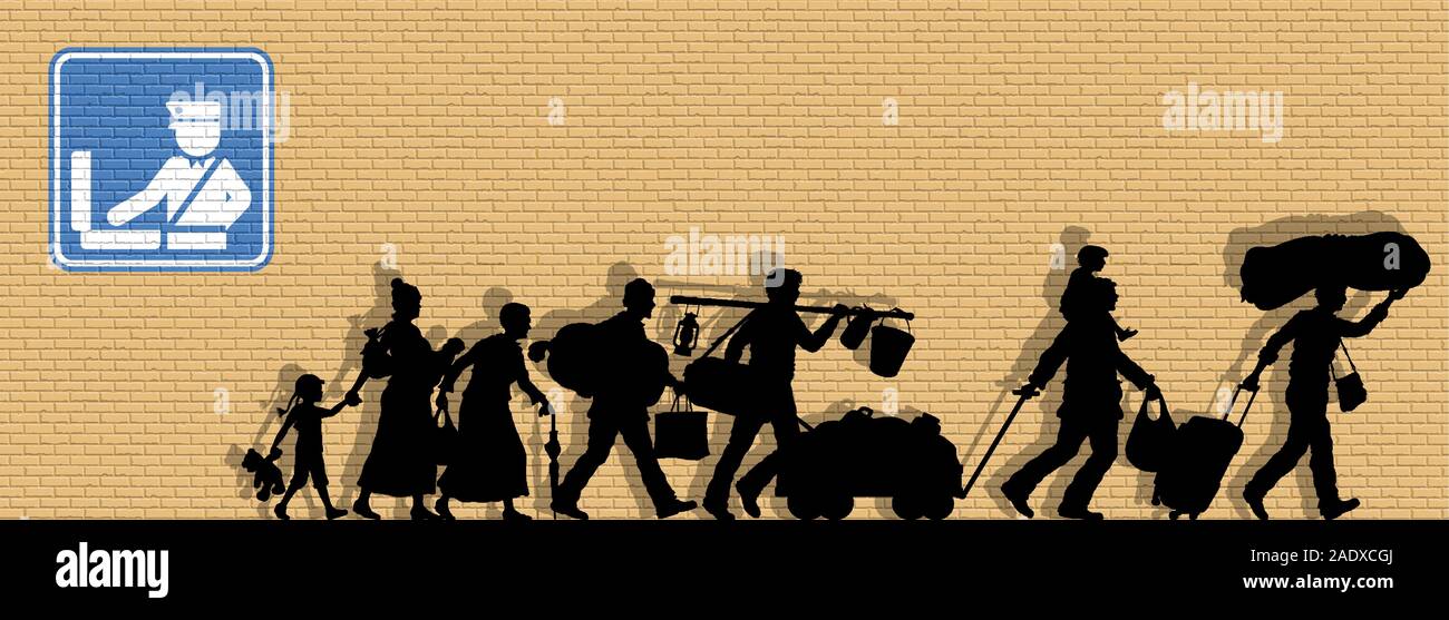 Refugees silhouette in front of brick Wall. The silhouette objects and background are in different layers. Stock Vector