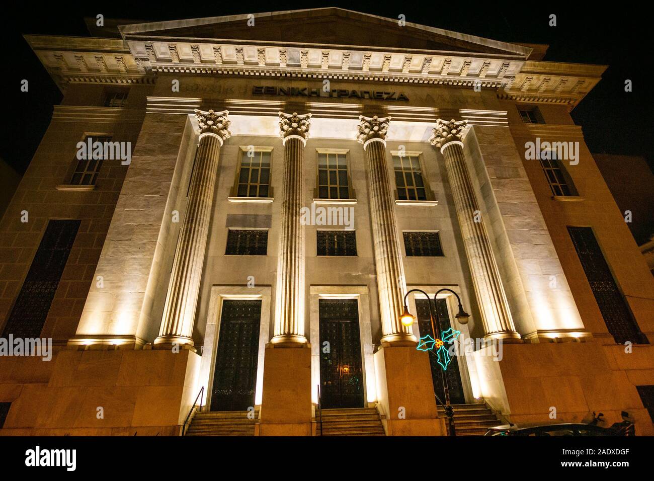 Exterior night view of the National Bank of Greece Bank of Greece