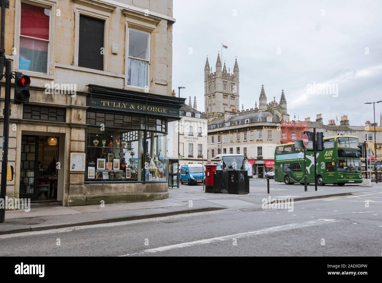 Street view of city centre of Bath, with Abbey, and double decker, England, United Kingdom, Europe Stock Photo