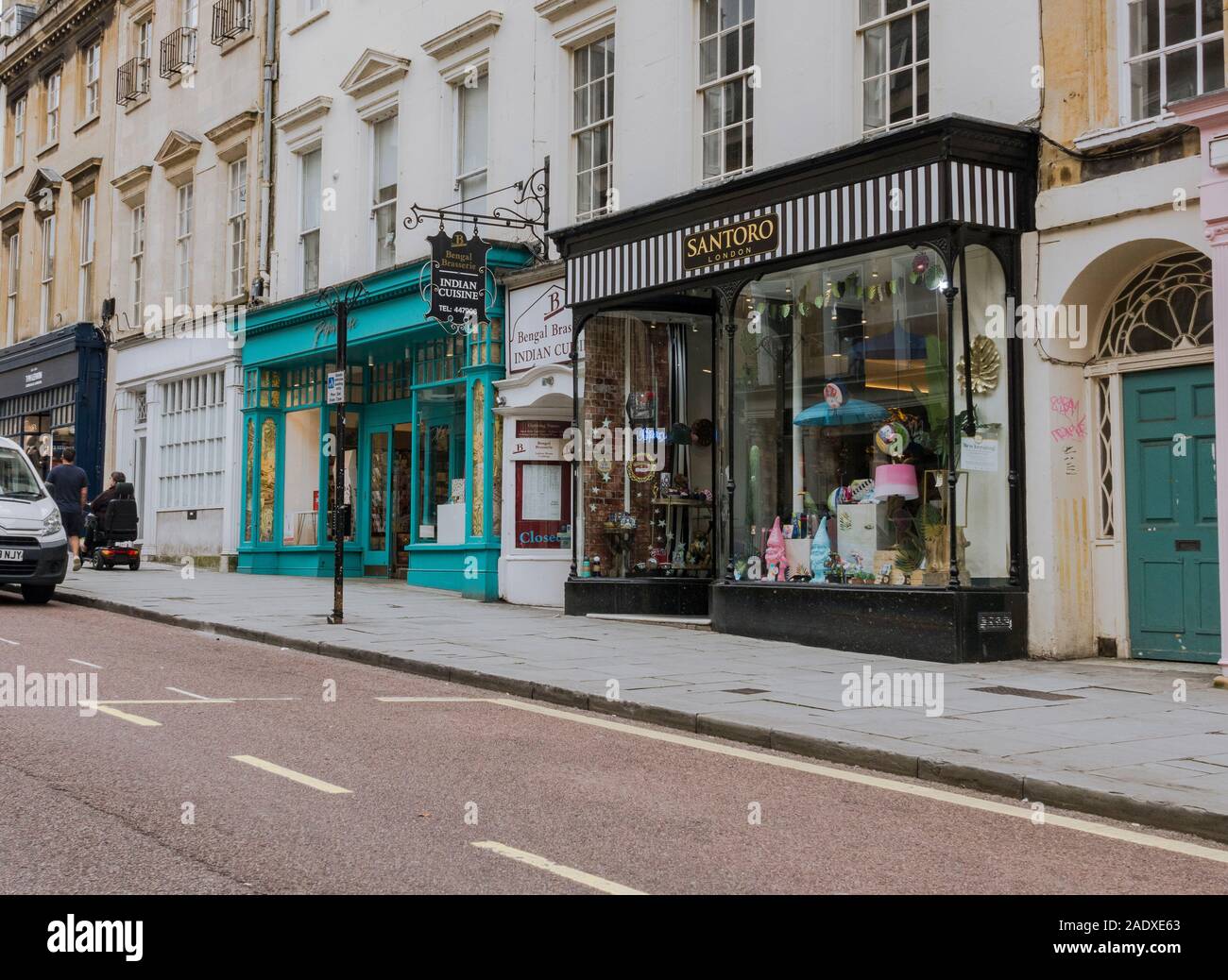 Shops, Santoro London, cafes and in the city centre, Milsom Street, Bath, Somerset, England, UK Stock Photo
