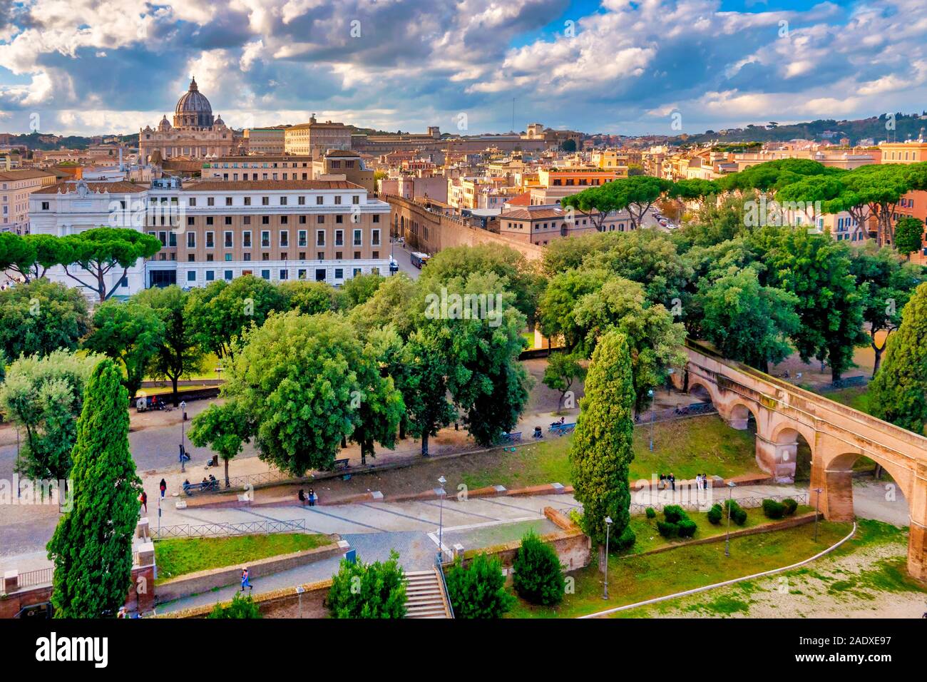 Parco Adriano with the Passetto di Borgo, the elevated passage that links the Vatican City with the Castel Sant'Angelo. Stock Photo