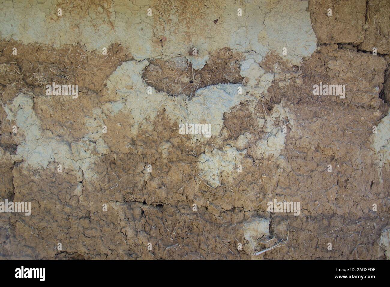 Old cracked wall made from mud and hay, exterior background, grunge texture with cracks for designs Stock Photo