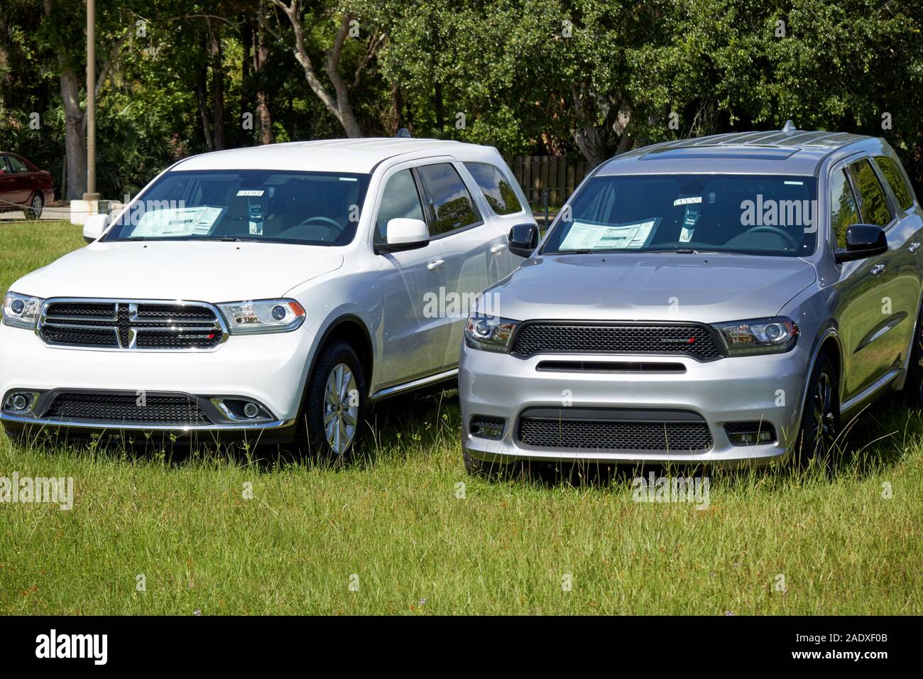 new dodge durango suv vehicles for sale parked on grass at a car dealers in florida usa Stock Photo