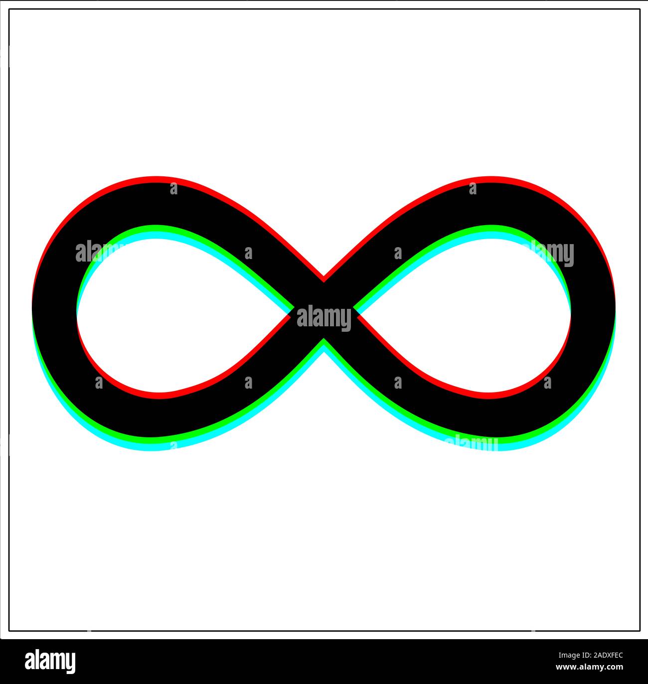 Infinity symbol. Dynamic, split-color design and black font, blue, green, red shadow. in black thin frame and on white background. Stock Photo