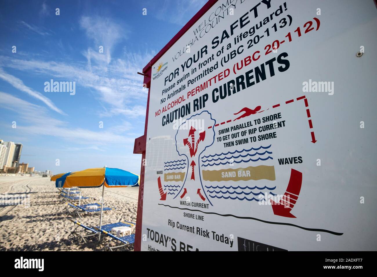 rip currents warning sign and information daytona beach florida usa Stock Photo