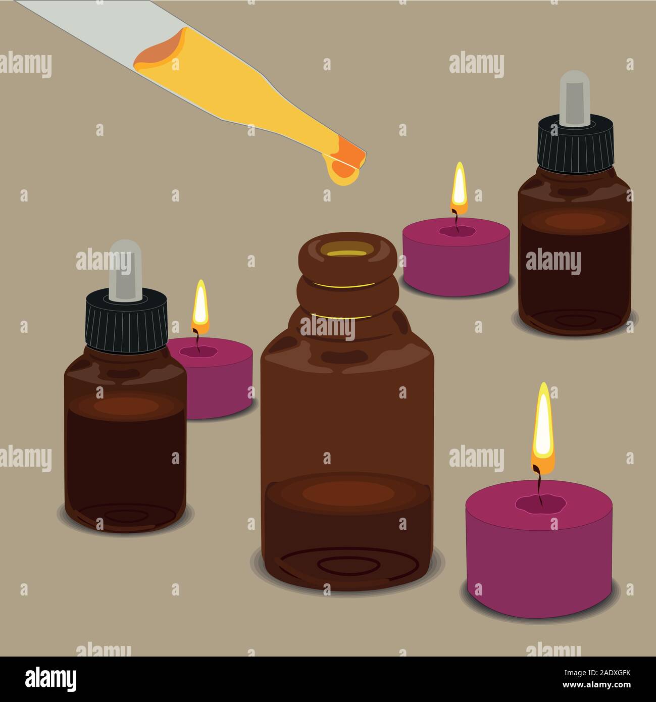 Flat pattern essential oil bottle. Eye dropper with oil. Lighted candle. Vector Stock Vector