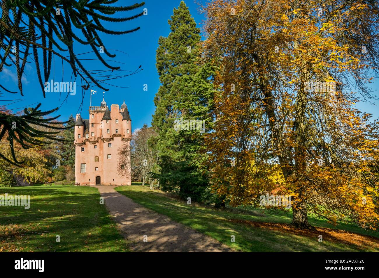 CRAIGIEVAR CASTLE ABERDEENSHIRE SCOTLAND THE PINK CASTLE SURROUNDED BY TREES WITH COLOURED AUTUMNAL LEAVES Stock Photo