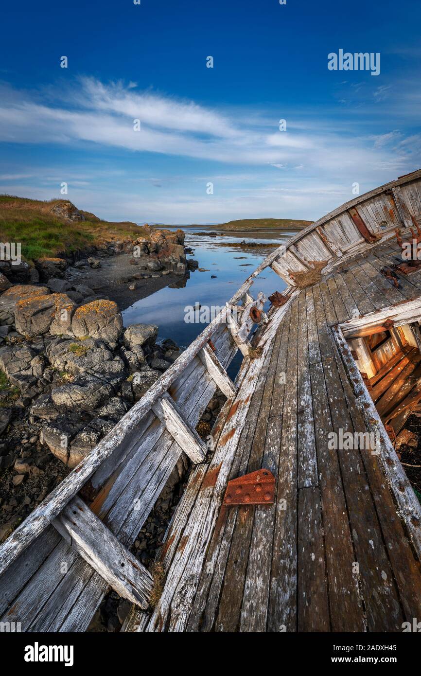 Old fishing boat, Flatey Island, Westfjords, Iceland Stock Photo