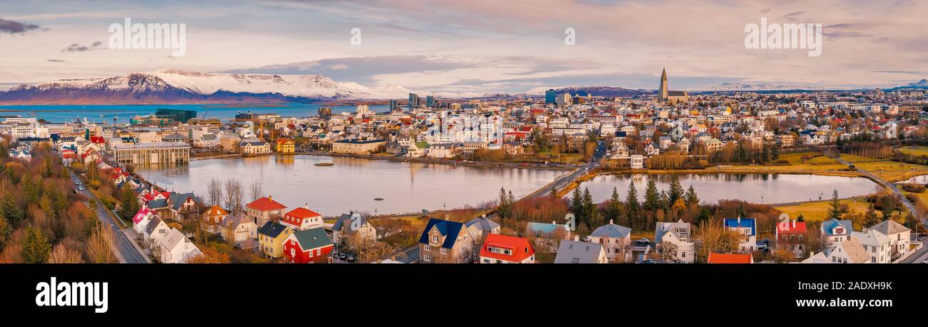 Aerial - Reykjavik in the Autumn, Iceland. This image is shot using a drone. Stock Photo