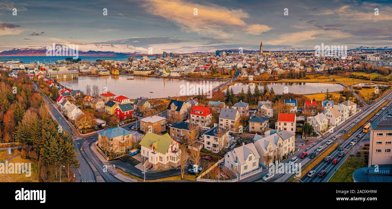 Aerial - Reykjavik in the Autumn, Iceland. This image is shot using a drone. Stock Photo
