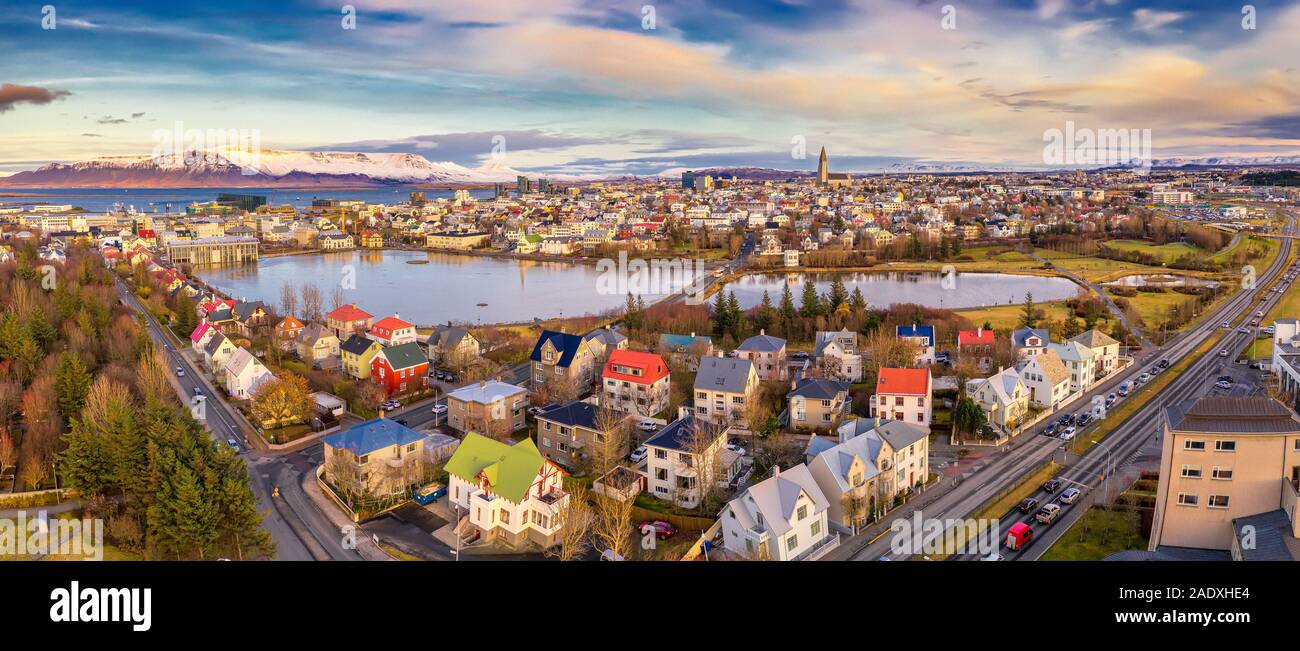 Aerial - Reykjavik in the Autumn, Iceland. This image is shot using a drone. Stock Photo