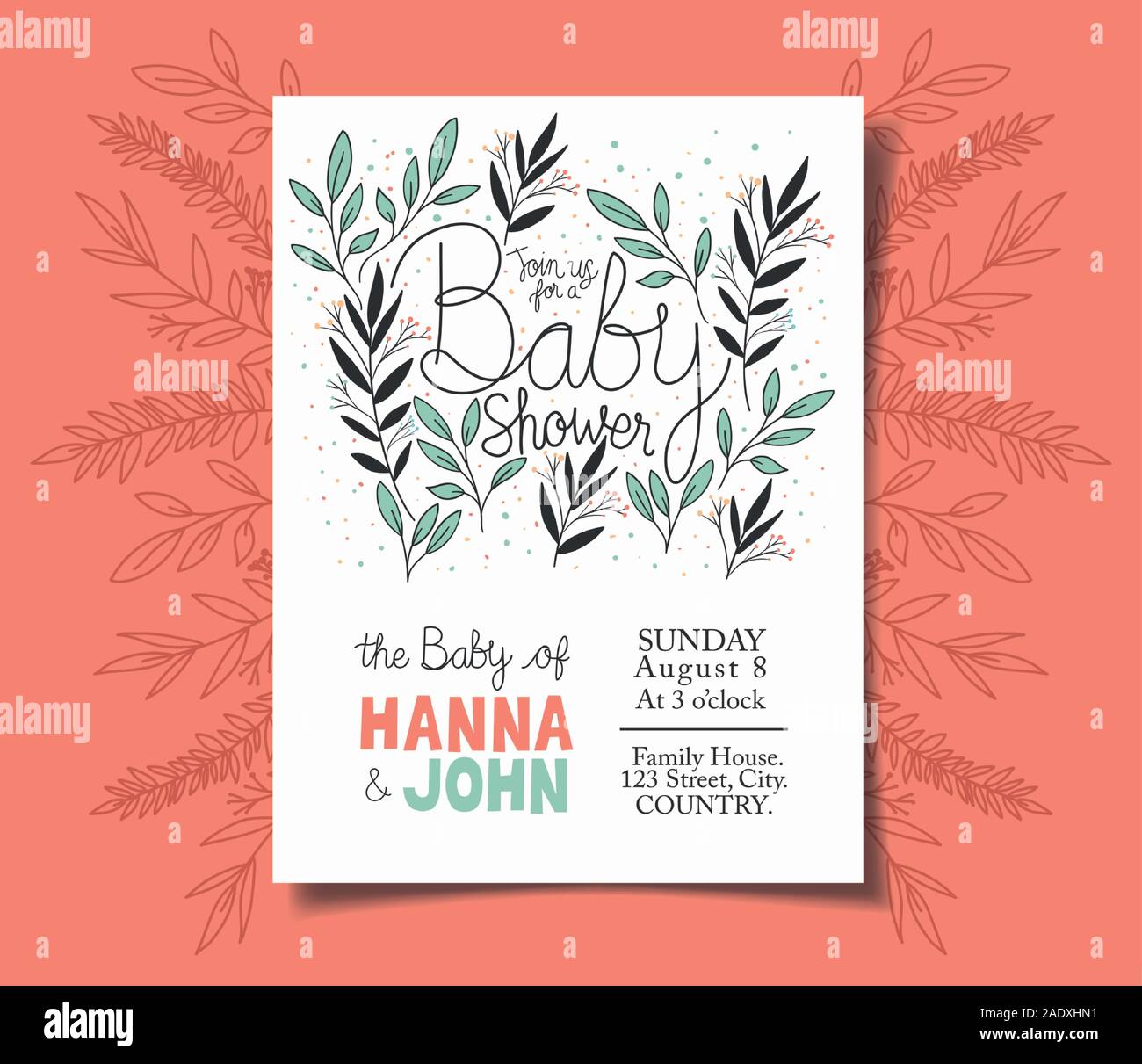 Baby Shower Invitation With Leafs Decoration Stock Vector Art