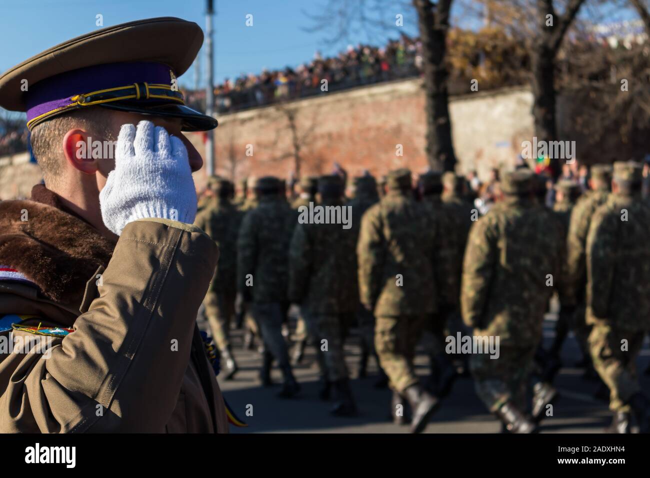 Military soldier giving salute during annual military parade of the