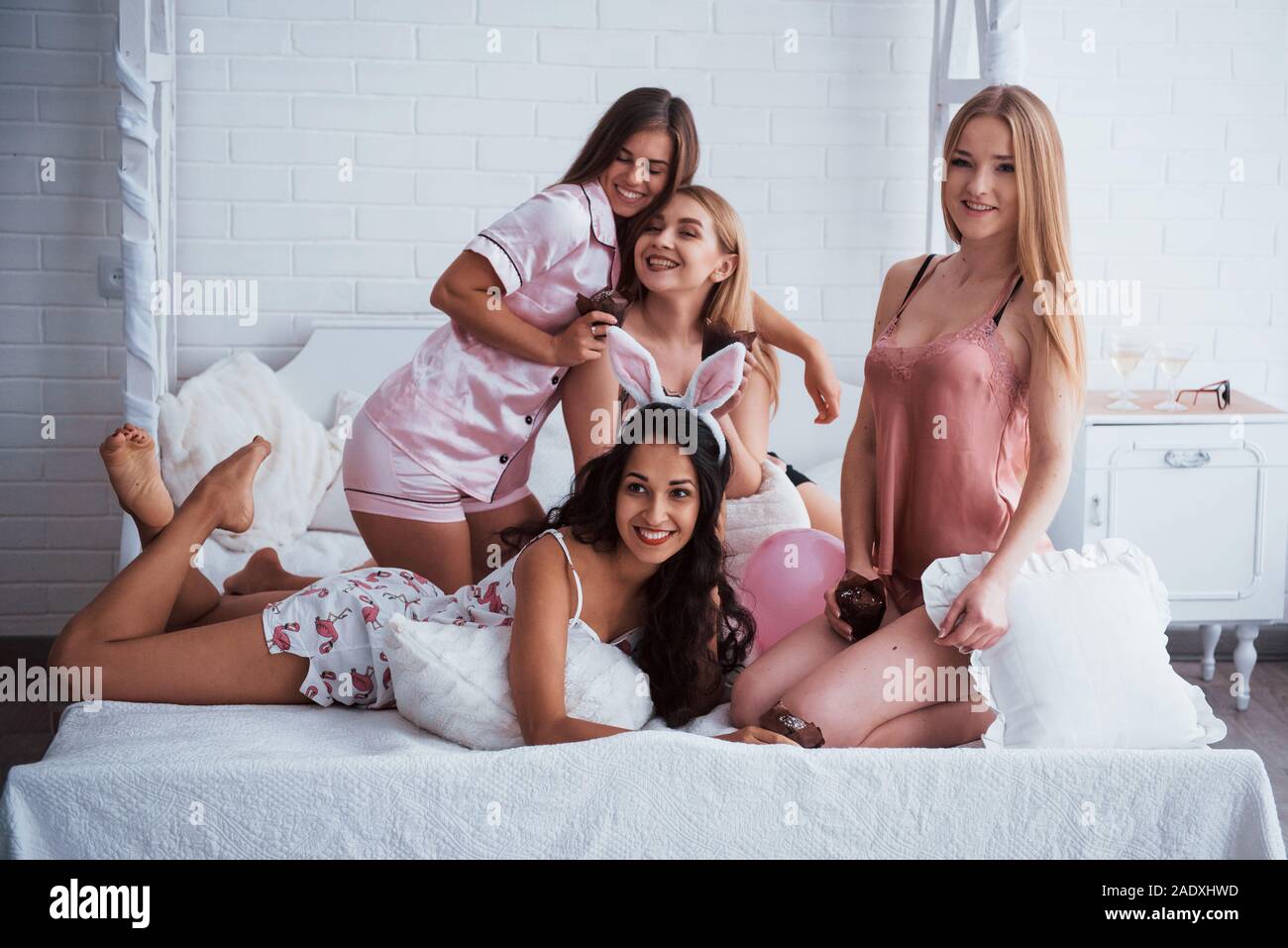 Friendly Hugs Cute Girls Have Meeting And Holiday In The
