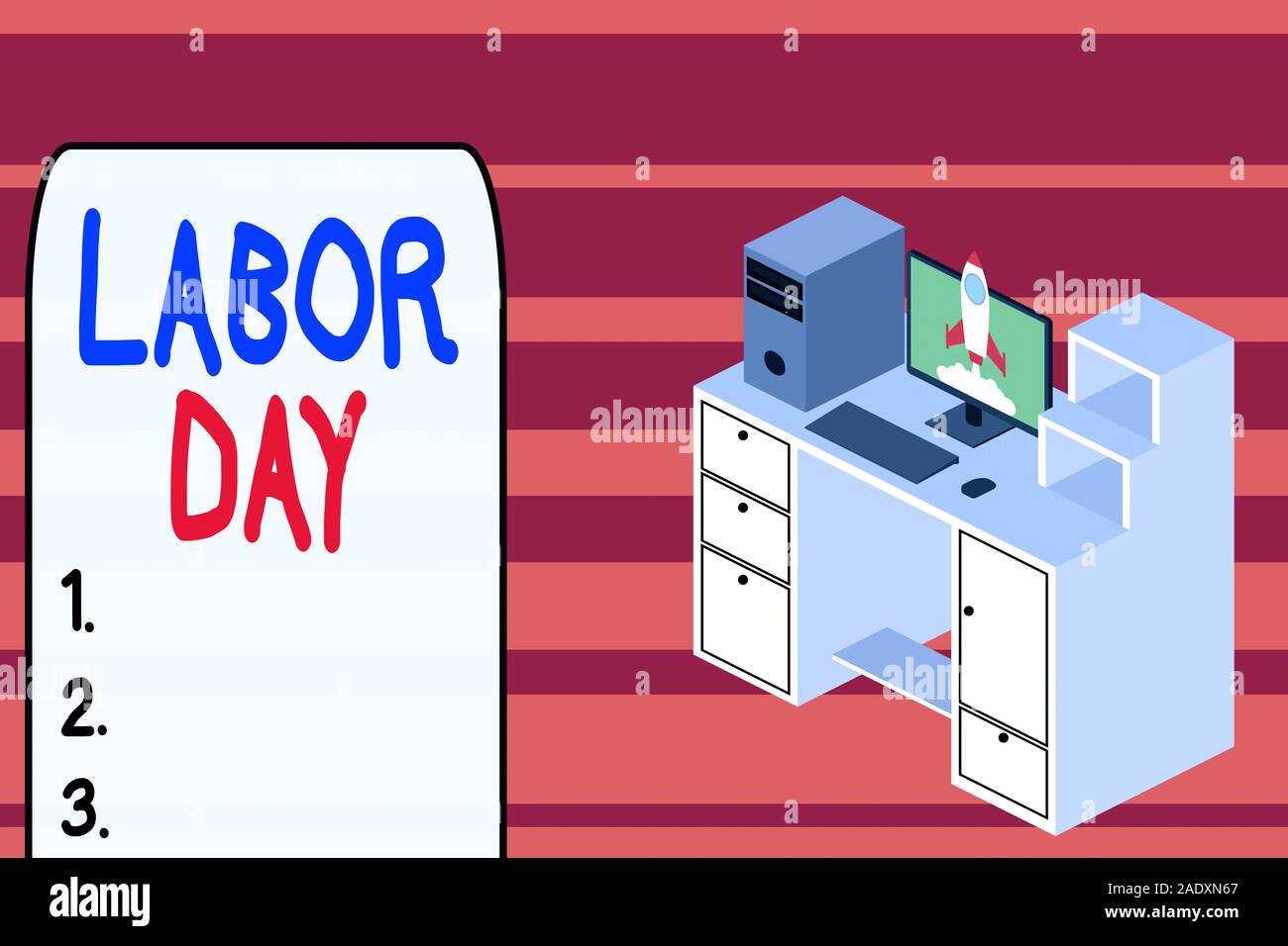 Text sign showing Labor Day. Business photo text an annual holiday to celebrate the achievements of workers Working desktop station drawers personal c Stock Photo